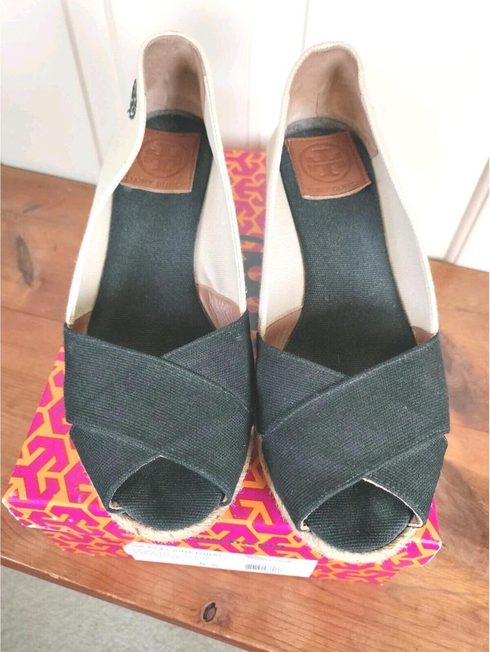 Tory Burch Dory Canvas Espadrille Wedge Sandals Black Cream Peep Toe Spain 8.5 B